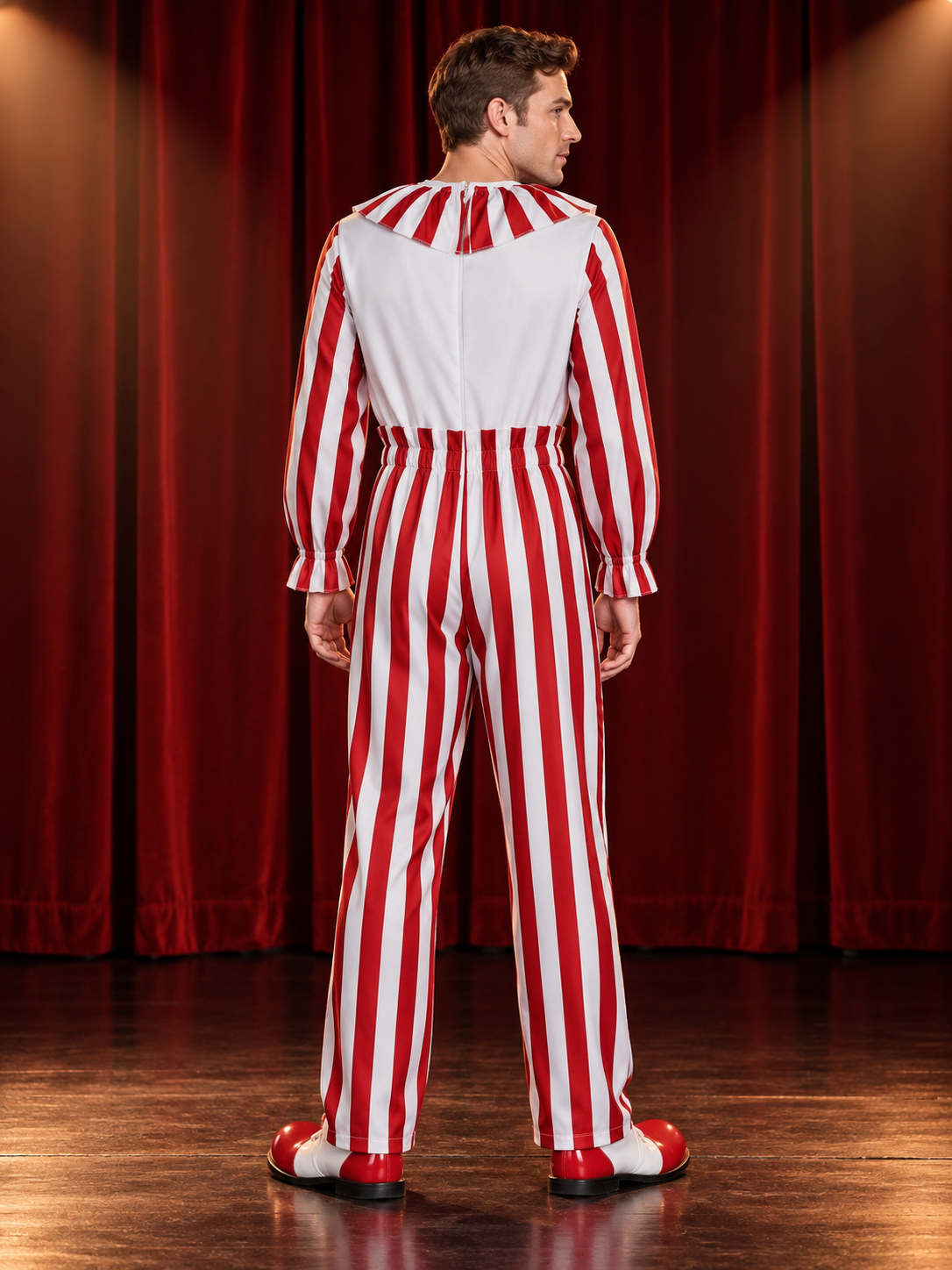 Clown costume jumpsuit in red and white stripes with a jabot