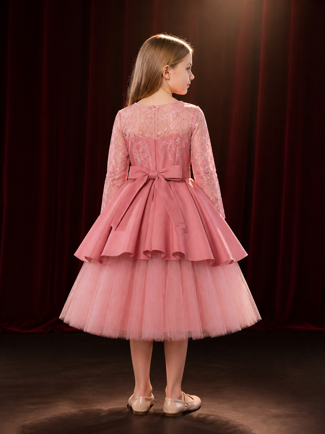 Girls' Pink Princess Flower Girl Baptism Dress, Embroidered Lace Tulle back view