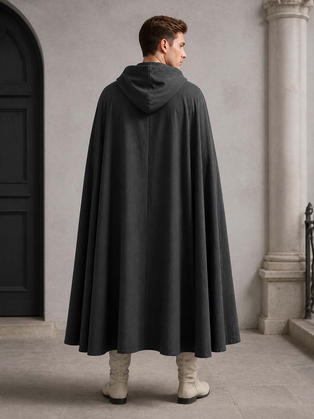 Adult Fantasy Hooded Cape, Long Dark Gray Cloak With Front Tie Closure, Wide back view 7