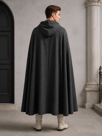Adult Fantasy Hooded Cape, Long Dark Gray Cloak With Front Tie Closure, Wide back view 7