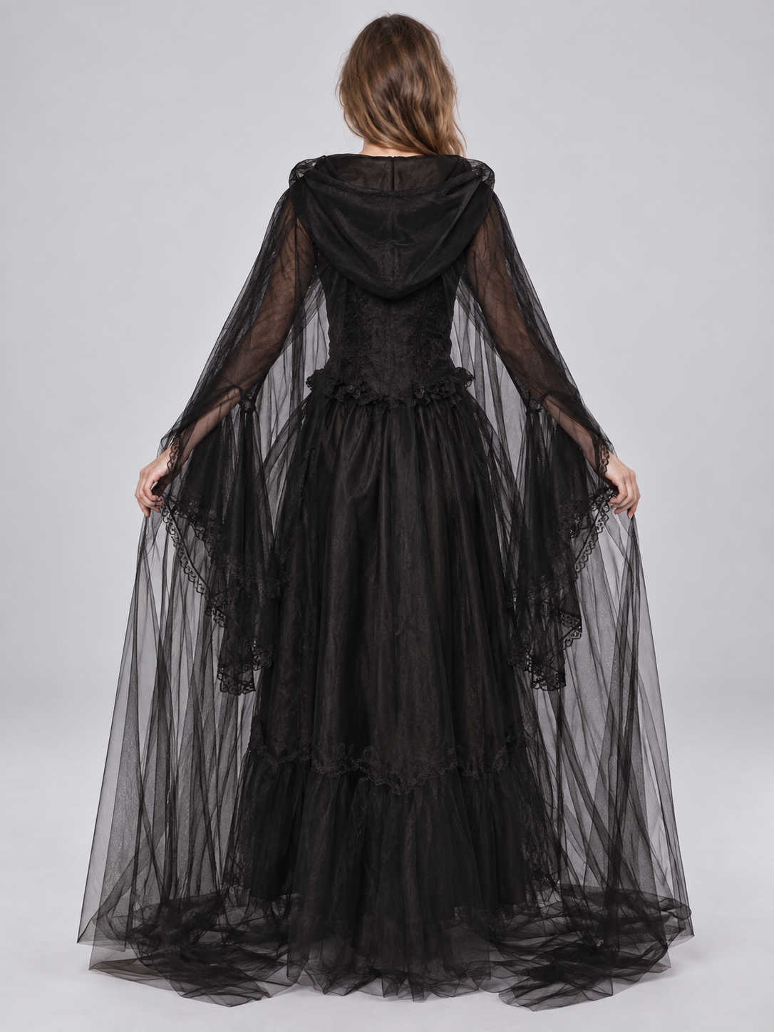 Gothic Black Carnival Costume with Cape and Dress