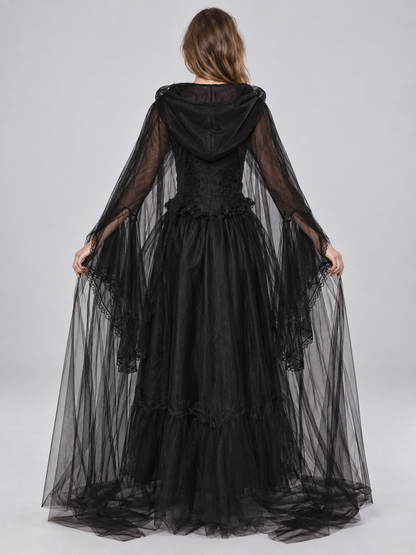 Gothic Black Carnival Costume with Cape and Dress
