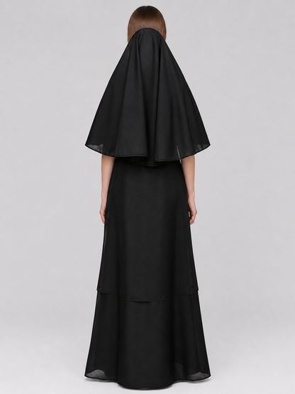 The costume consists of a religious and ceremonial robe in a black-and-white back view