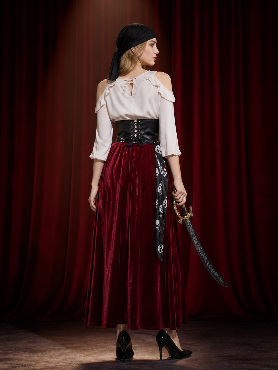 Pirate Costume with Skirt and Headscarf for Halloween Masquerades back view
