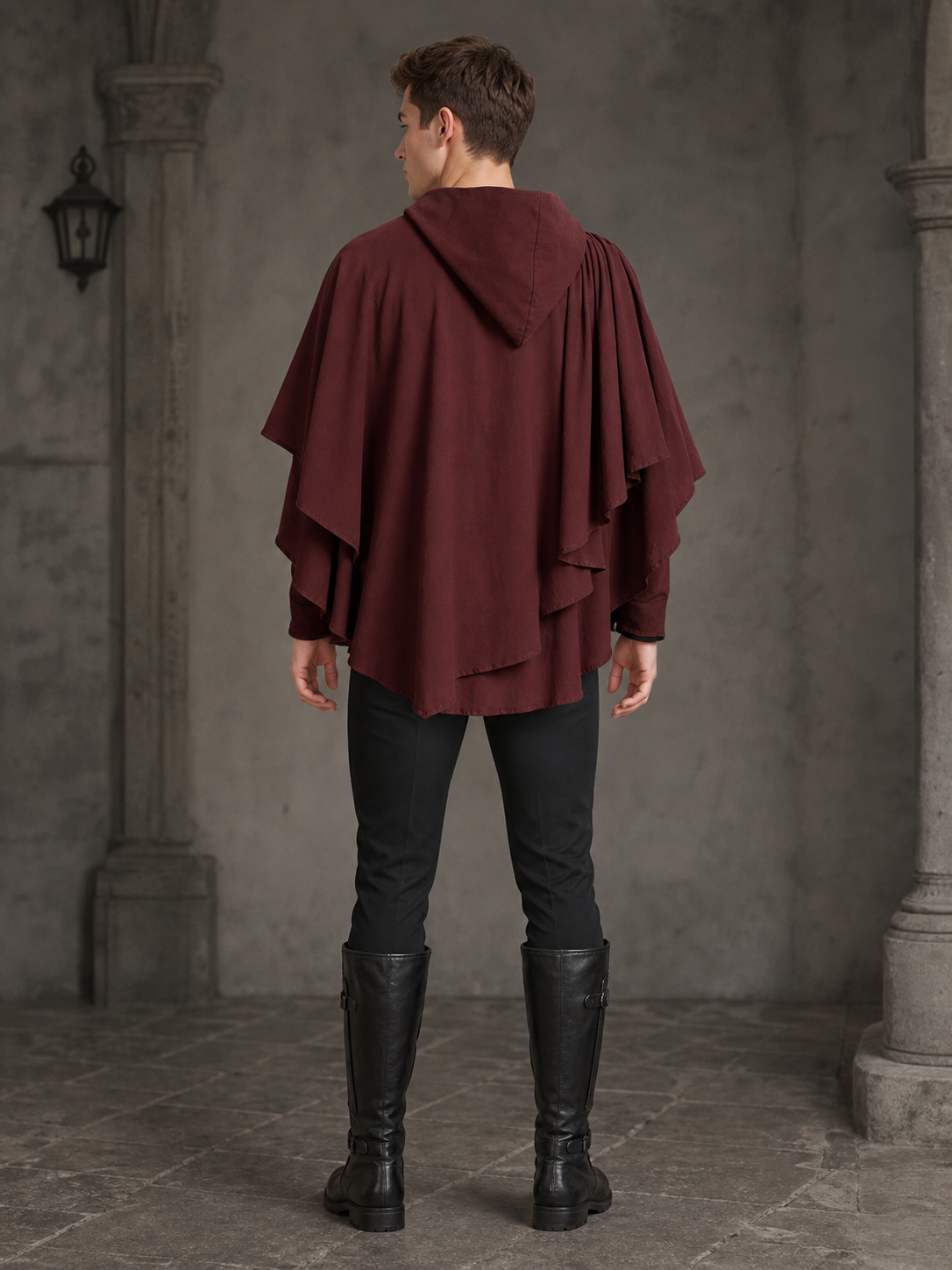 Hooded Cloak Halloween Costume, 1pc Dark Red Medieval Fantasy Cape With Attached Hood, Draped Sleeves And Layered Panels For Cosplay