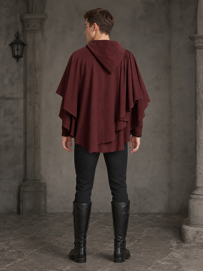 Hooded Cloak Halloween Costume, 1pc Dark Red Medieval Fantasy Cape With Attached Hood, Draped Sleeves And Layered Panels For Cosplay