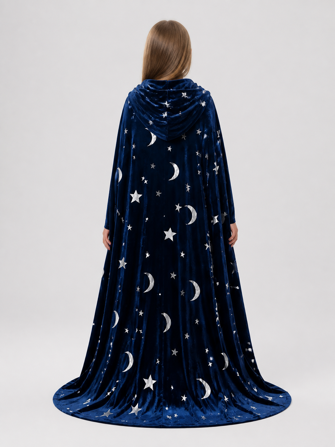Long Hooded Halloween Cape with Stars and Moons back view
