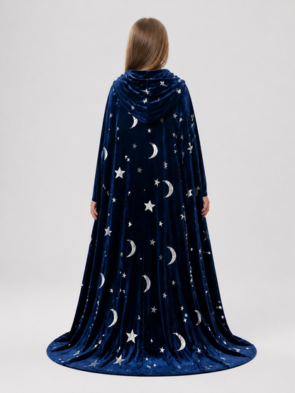 Long Hooded Halloween Cape with Stars and Moons back view