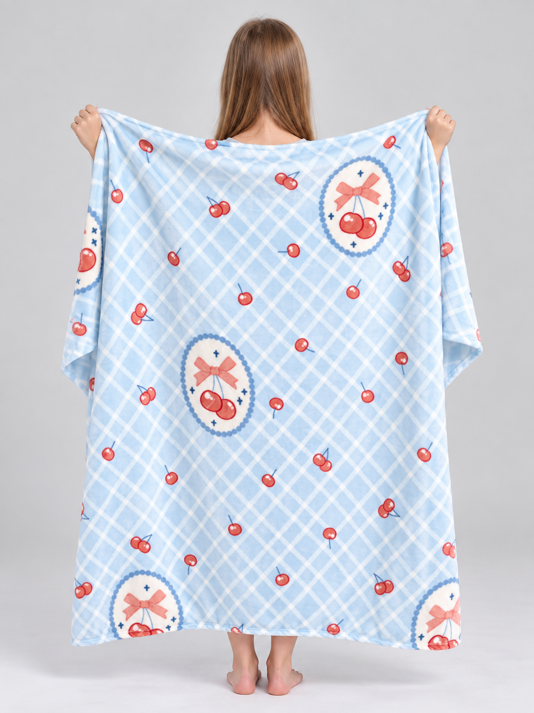 Blue Plaid Polyester Blanket with Cherries and Bows