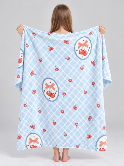 Blue Plaid Polyester Blanket with Cherries and Bows