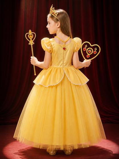 Girls Yellow Princess Sequin Tulle Dress Costume Set with Crown and Magic Wand back view