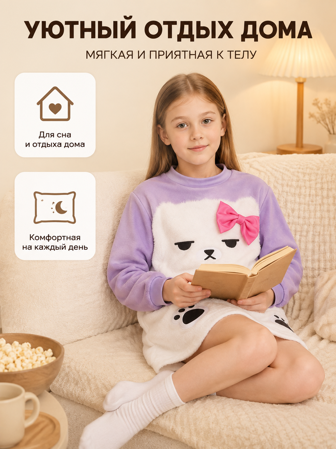 Children's Pajamas with Cartoon Face and Bow back view