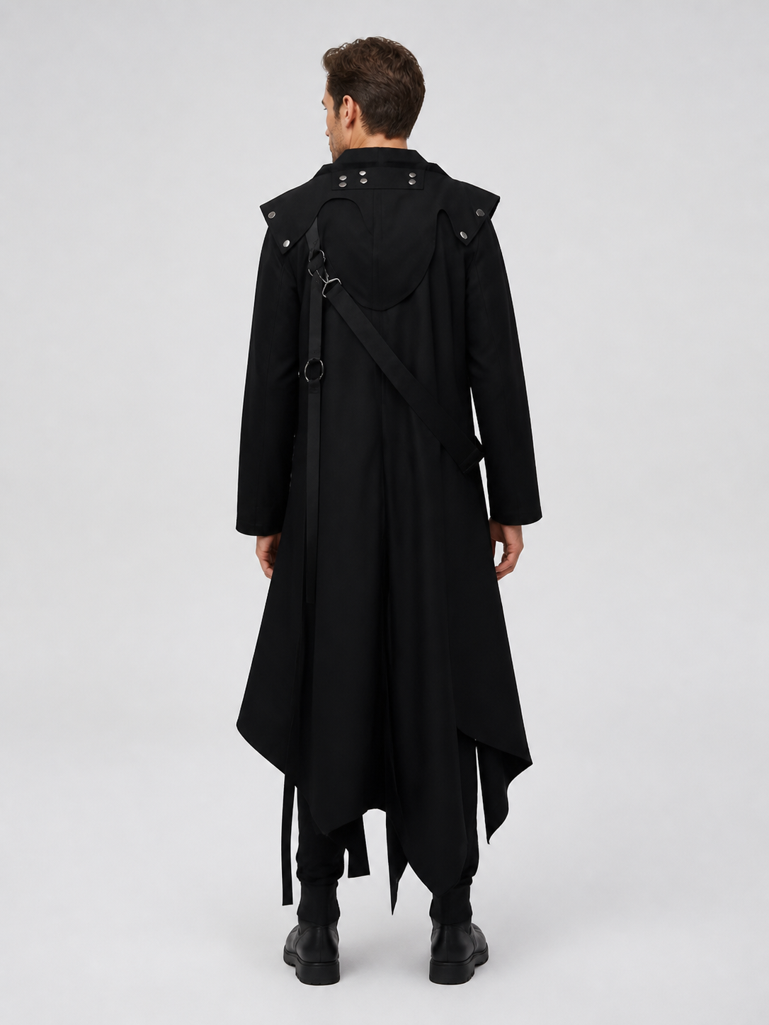 Black Long Cloak with an Asymmetrical Hem and Rivets back view