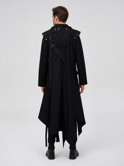 Black Long Cloak with an Asymmetrical Hem and Rivets back view