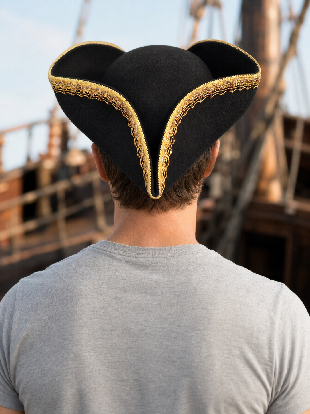 Black and Gold Trim Pirate Hat, Wide Curved Tricorn Costume Headpiece with Structured Crown for Cosplay, Costume Parties and Themed Events