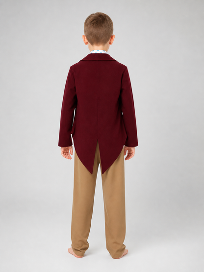 A bright fox cub costume designed in the style of a fairy-tale character helps create a striking look for dress-up, themed parties, or performances. The set includes a burgundy jacket with long pointed tails, a yellow shirt or decorative fr