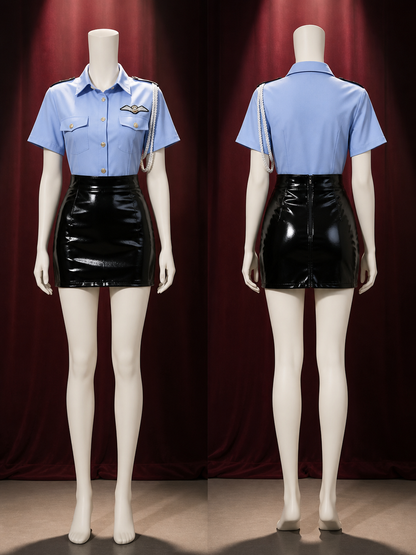 Women's Sexy Police Officer Costume Set, Light Blue Top with Black Skirt and Tie back view
