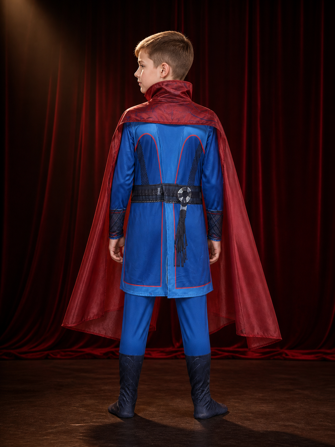 Kids Wizard Costume Set with Red Cape and Blue Robe, Halloween Outfit with Belt back view