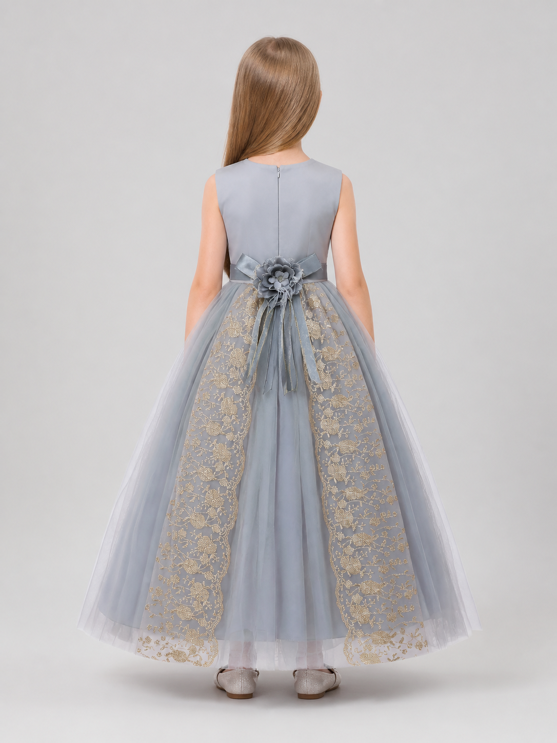 Dressy Dress with Gold Embroidery, Full Skirt back view