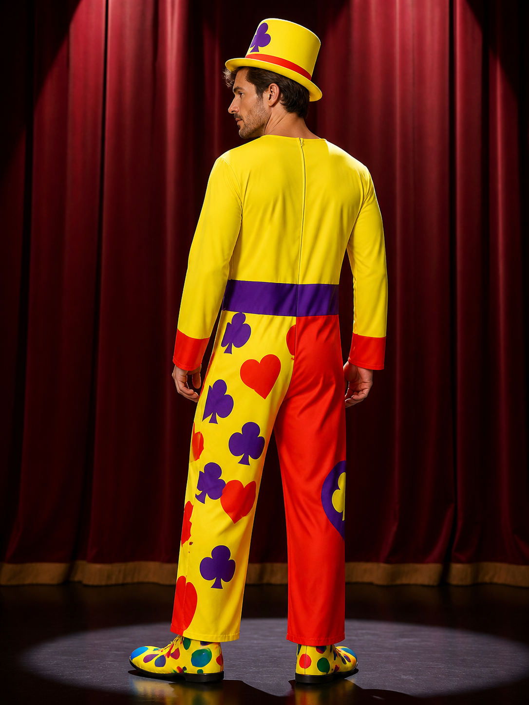 Adult Unisex Clown Jumpsuit Costume With Hat, Colorful Heart & Flower Print back view