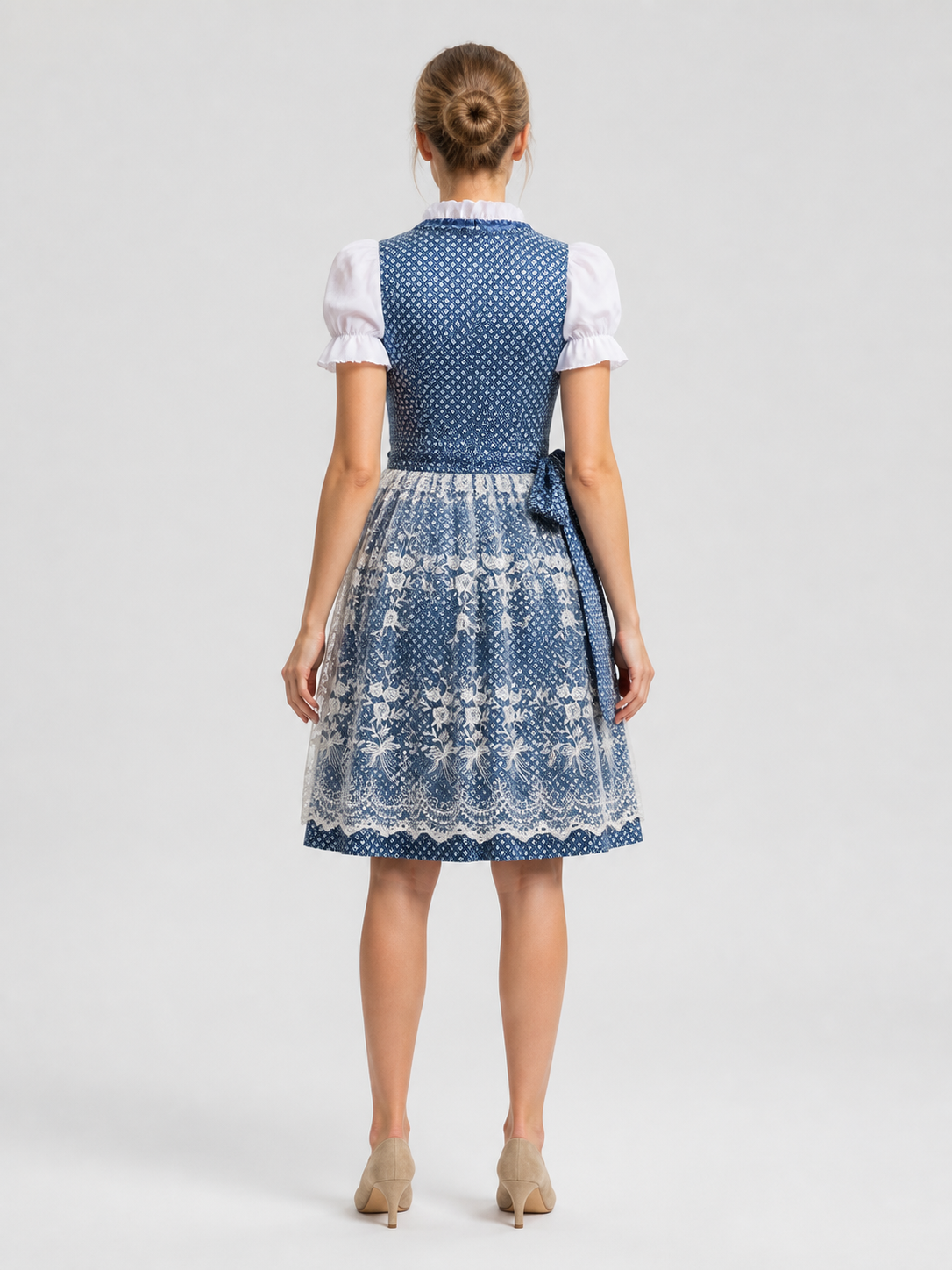 Traditional Bavarian Blue and White Dress with Lace back view