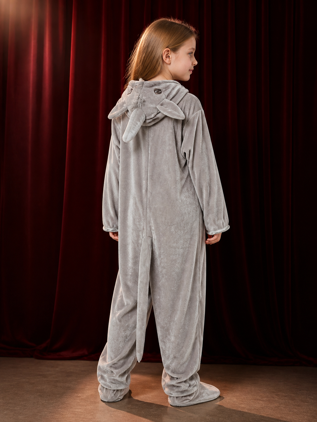 Children's Rhino Animal Costume - Gray Hooded Footed Jumpsuit with White Belly back view