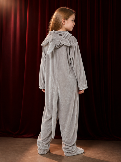 Children's Rhino Animal Costume - Gray Hooded Footed Jumpsuit with White Belly back view
