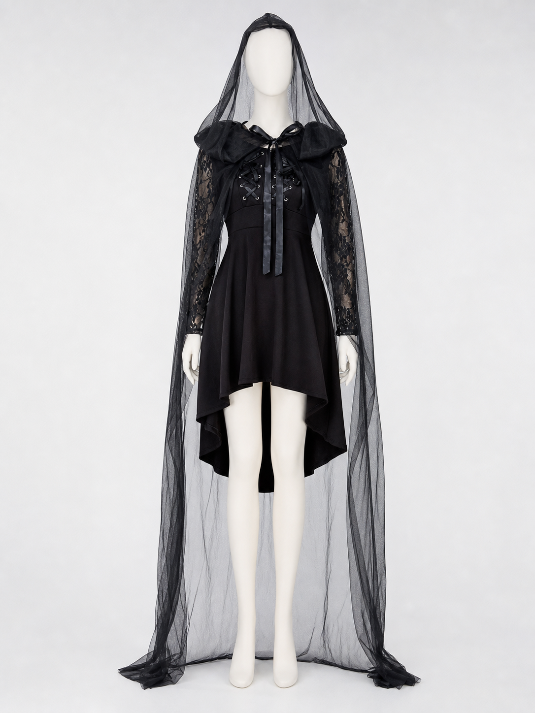 Gothic Costume with Hood, Lace, and Cape back view