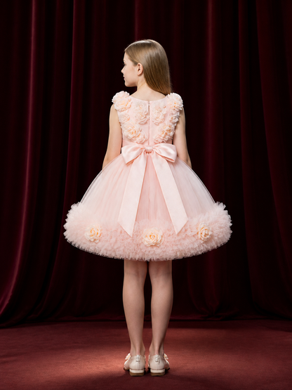 Girls' Princess Flower Girl Dress, Layered Tulle Rose Detail Ruffle Gown back view