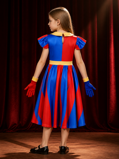 Pomni Clown Costume Dress Set, Red Blue Geometric Dress With Matching Gloves back view