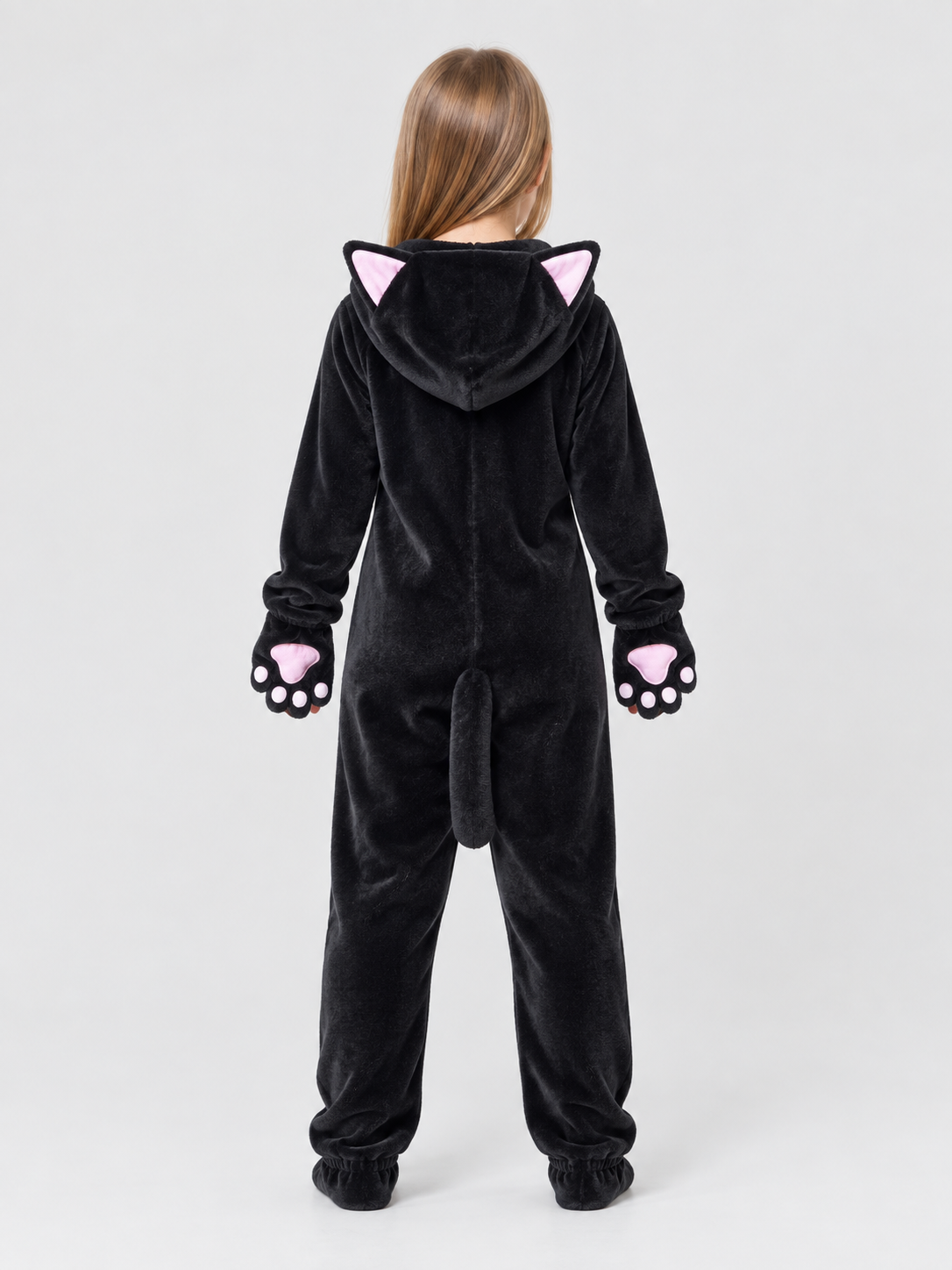 Black Plush Hooded Pajama Jumpsuit with Cat Hood