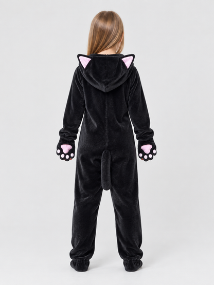 Black Plush Hooded Pajama Jumpsuit with Cat Hood