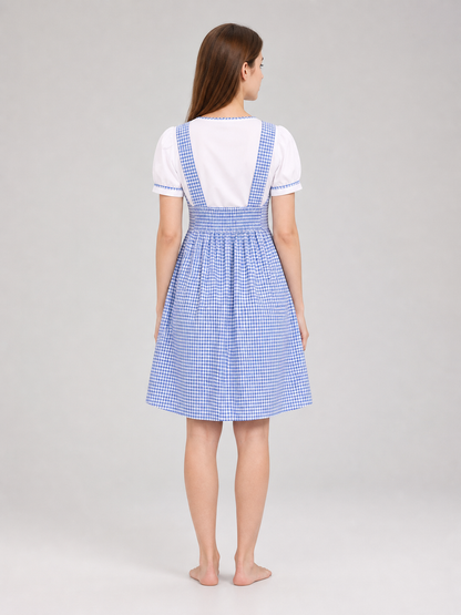 Blue-and-white plaid dress with puff sleeves
