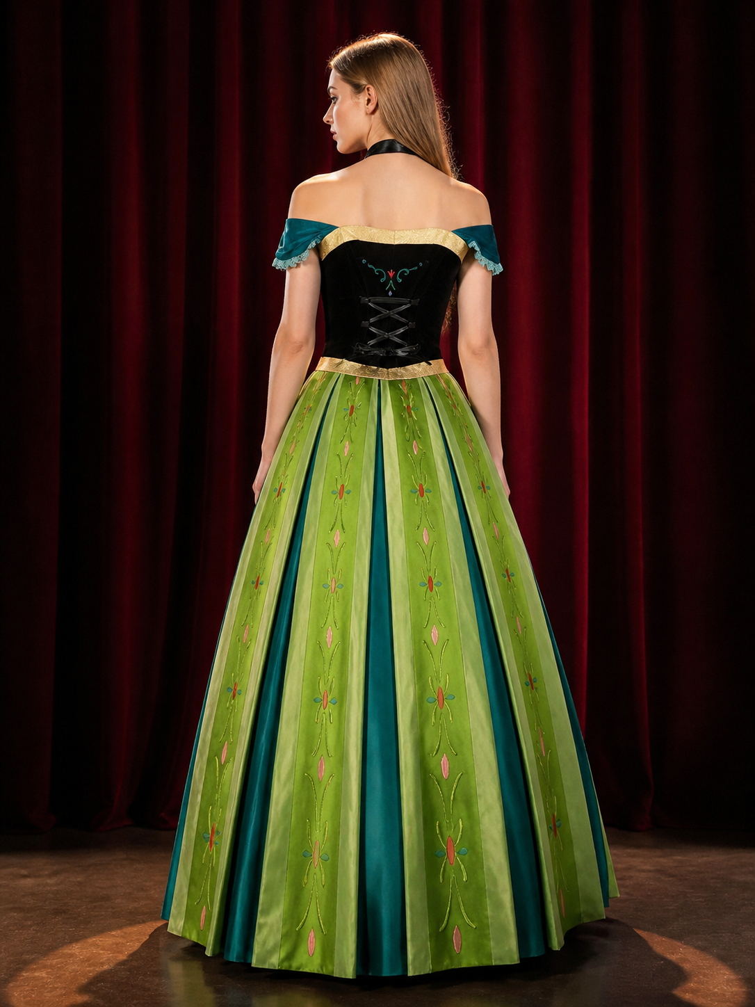 Adult Anna Princess Costume Set, Embroidered Top, Skirt And Necklace back view