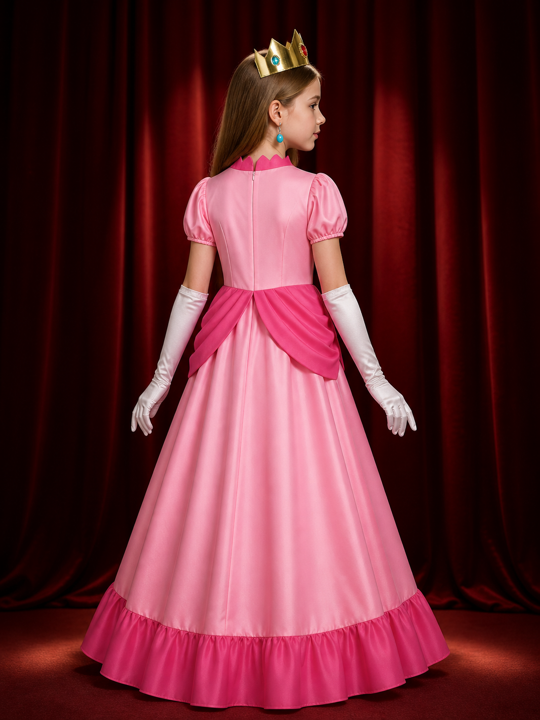 Kids Peach Princess Dress Costume Set, Halloween Cosplay Outfit with Crown back view