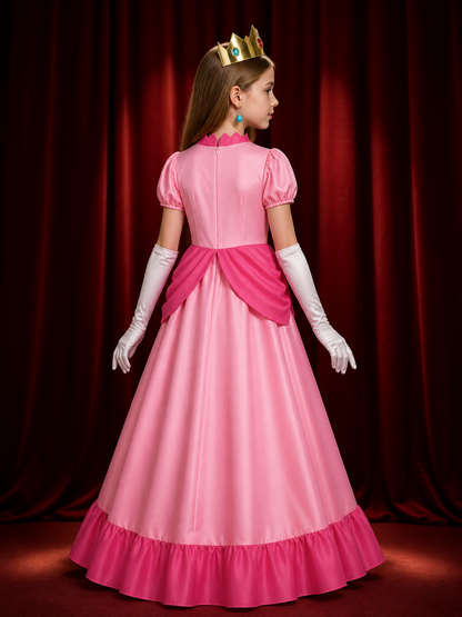 Kids Peach Princess Dress Costume Set, Halloween Cosplay Outfit with Crown back view