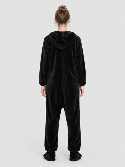 Black Flannel Hooded Pajama Jumpsuit