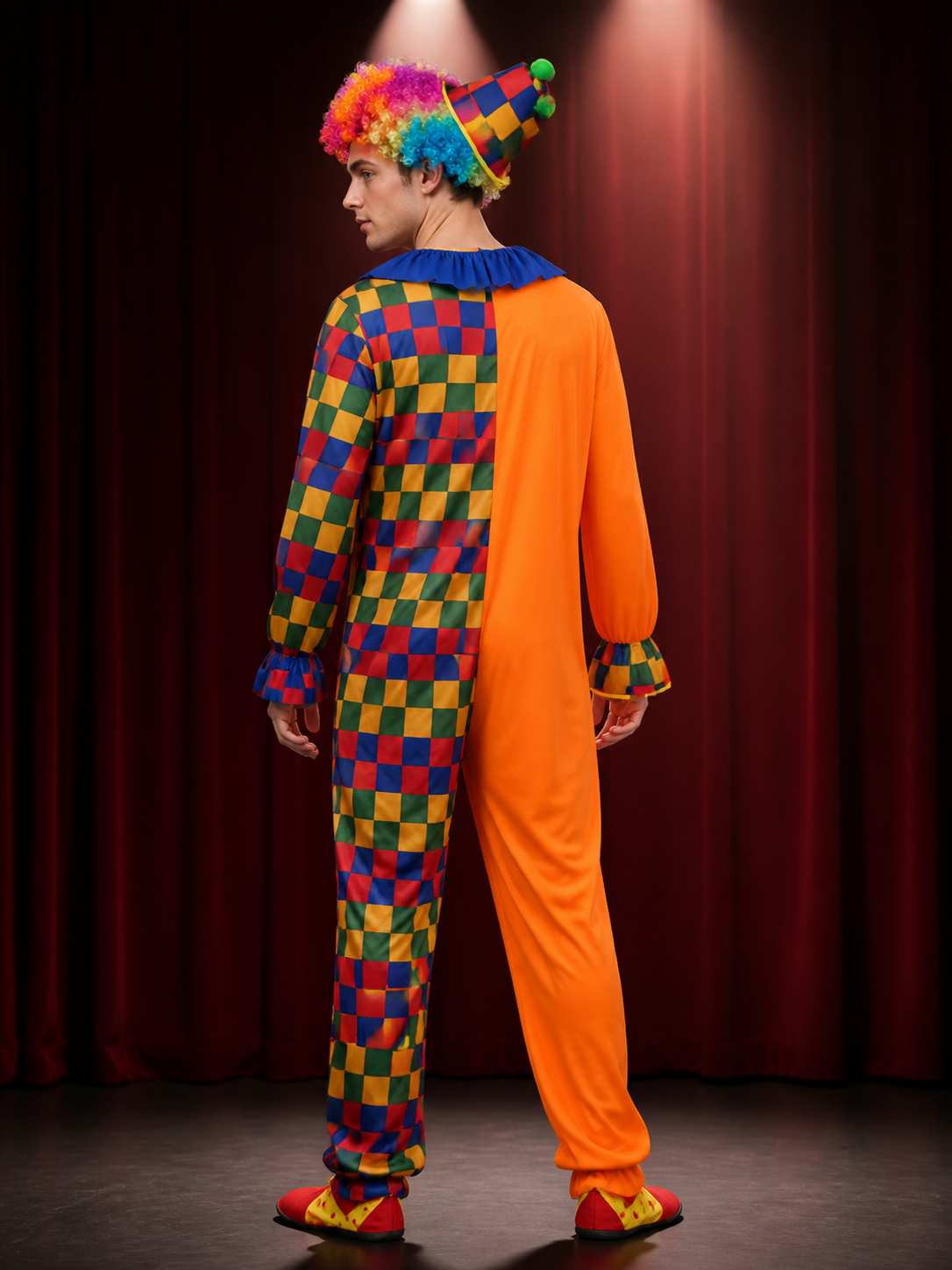 Adult Clown Jumpsuit Costume, Multicolor Checkered Print Bodysuit for Halloween back view