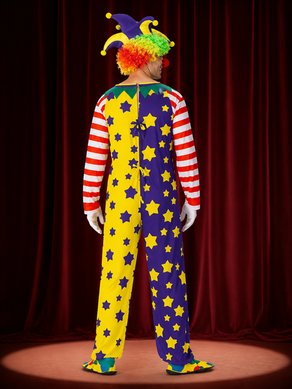 Unisex Adult Clown Jumpsuit Costume Set with Star Print, Striped Sleeves, and back view