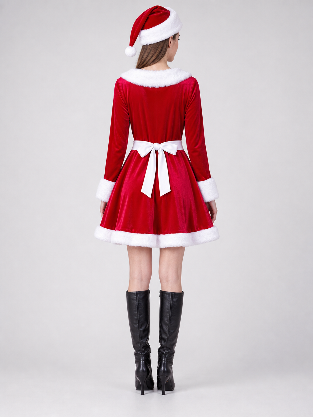 New Year's costume with an apron and green bow back view