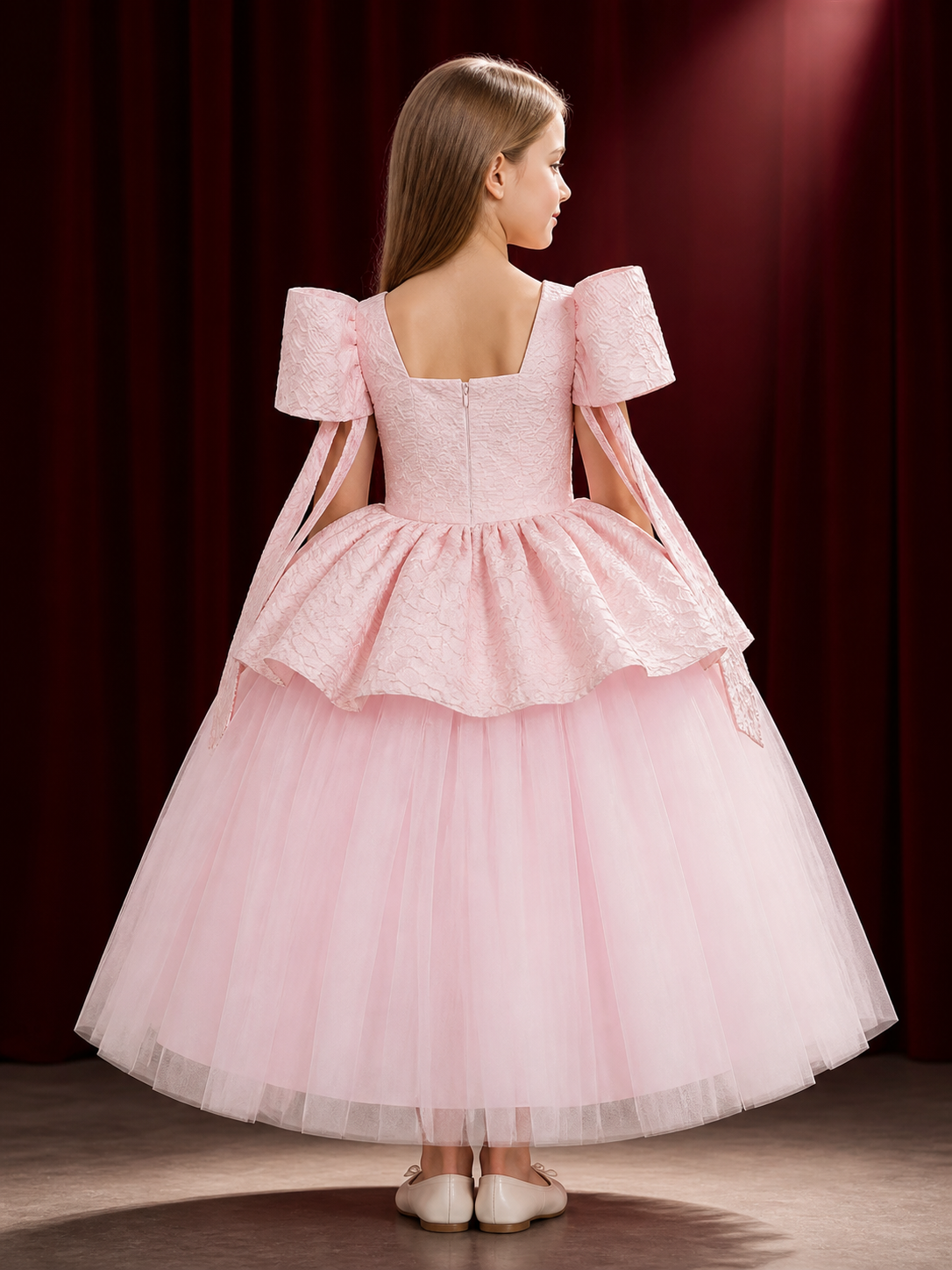Baby Girls' Pink Princess Dress with Lace Bodice, Ruffle Sleeves and Layered back view