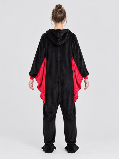 Black Hooded Bat Pajama Jumpsuit