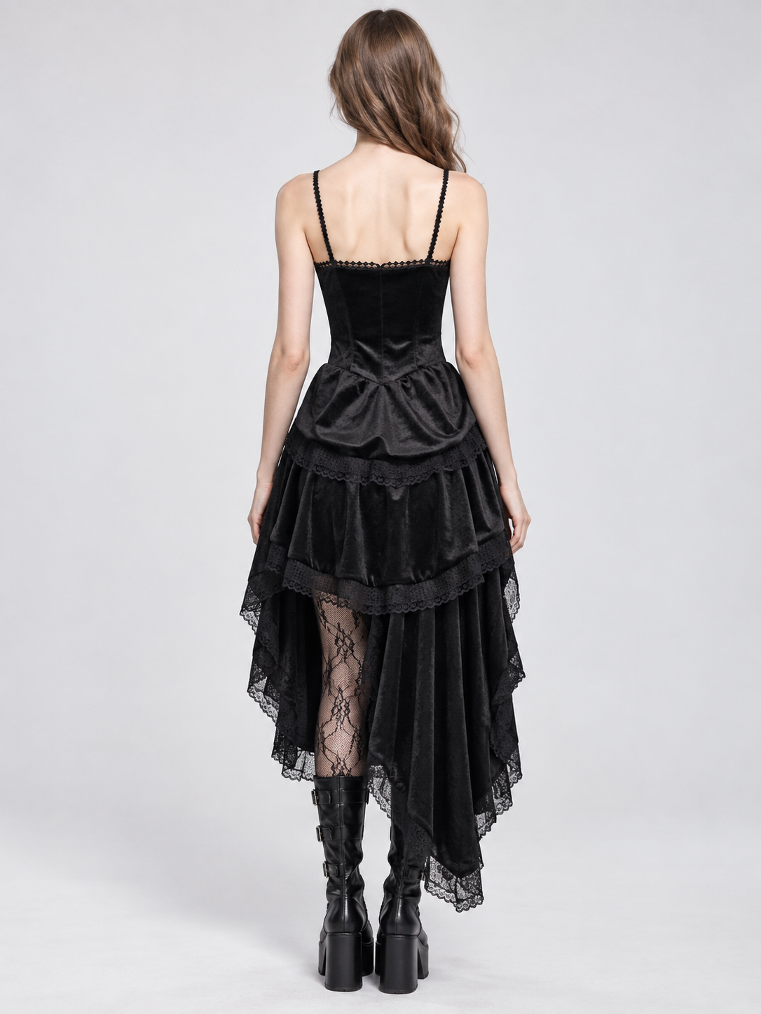 Gothic Black Velvet Dress with Lace and Lacing