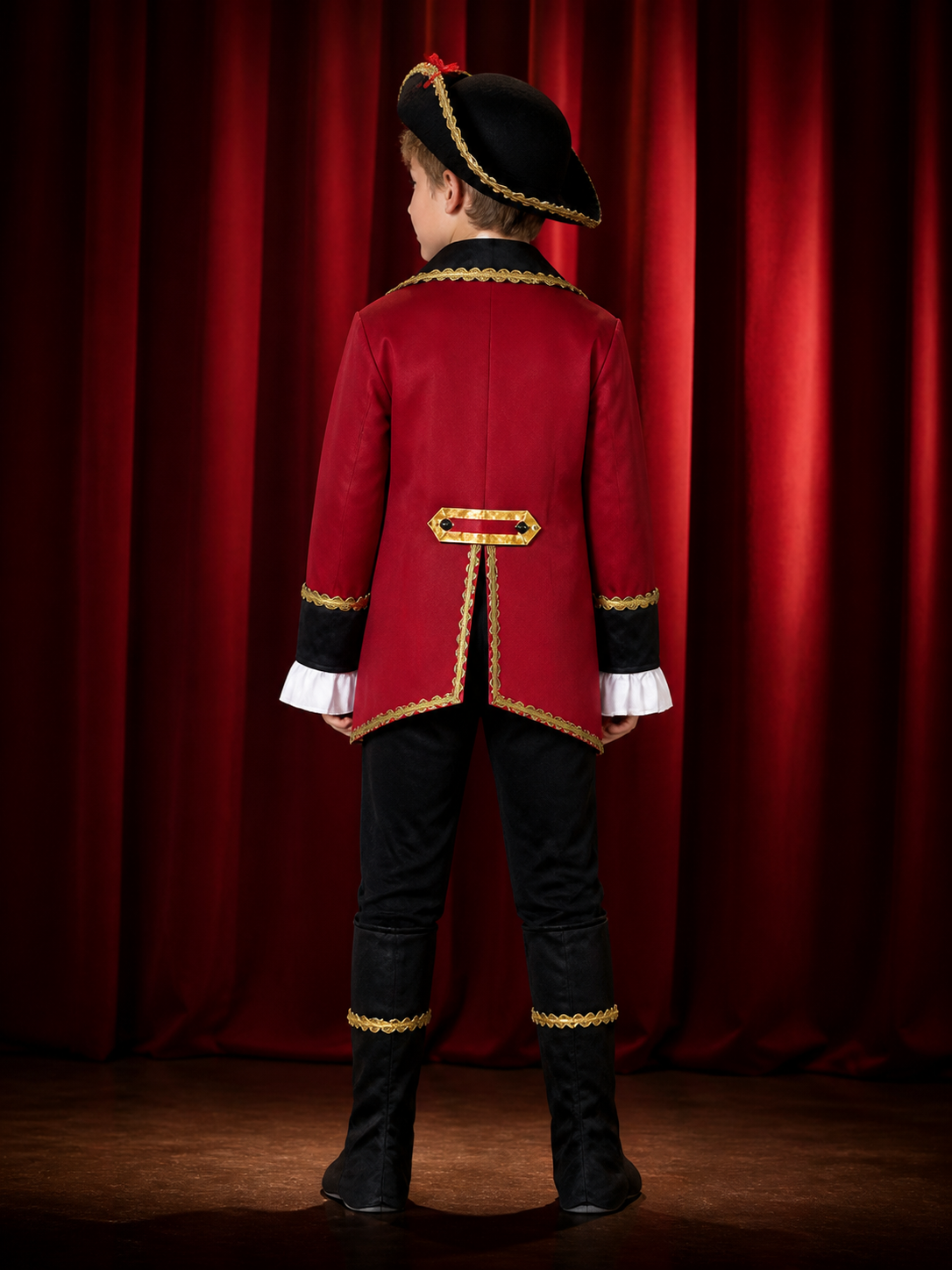 Kids Pirate Captain Costume Set, Red Coat with Gold Trim, Tricorn Hat, and