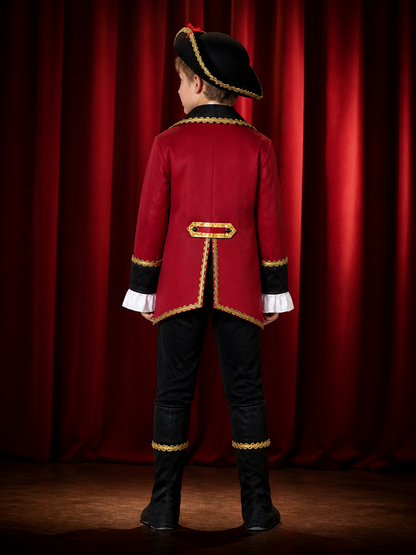 Kids Pirate Captain Costume Set, Red Coat with Gold Trim, Tricorn Hat, and