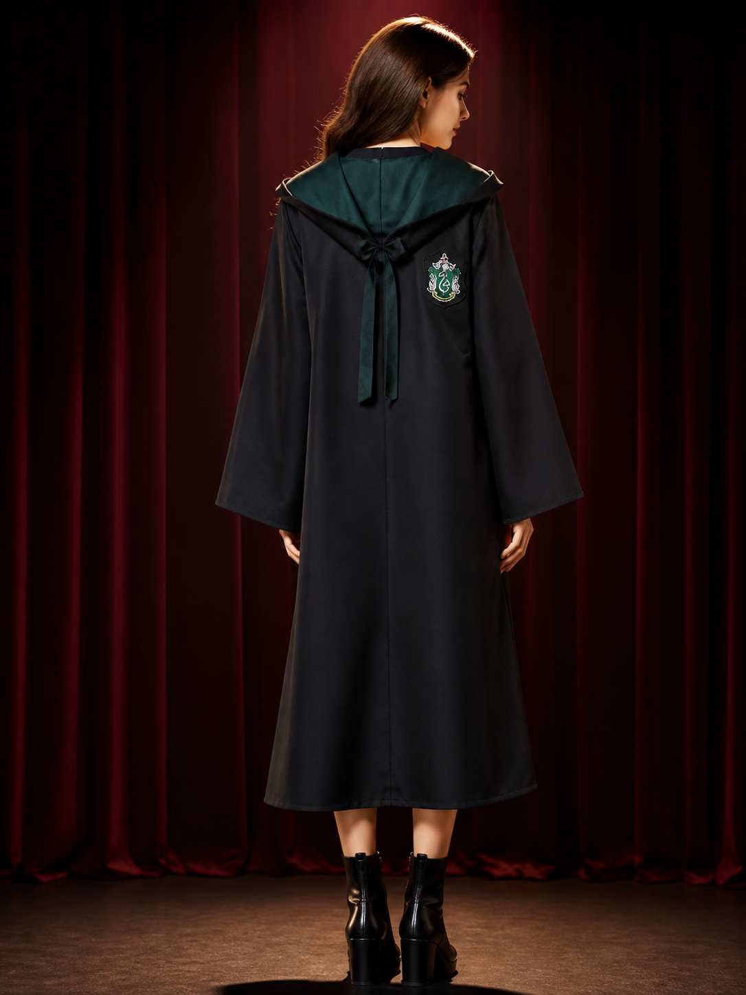 Kids Wizard Robe Set with Crest, Dark Green Hood & Striped Tie, Halloween back view