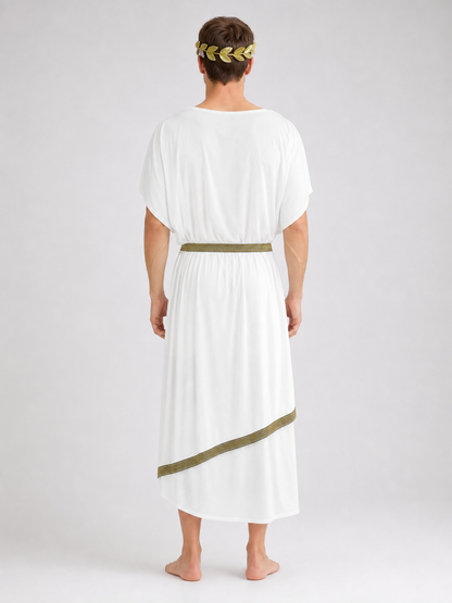 Adult Men's Ancient Greek Costume Set, 3pcs Draped Robe With Gold Trim, Waist Belt And Laurel Wreath For Cosplay Theme Parties
