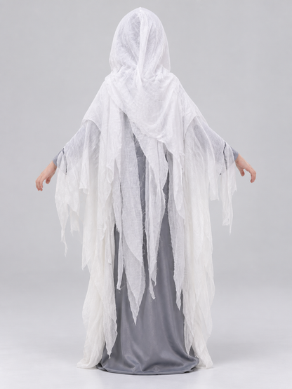 Ghost Costume with White Hood and Torn Edges