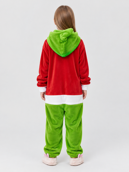 Red and green hooded zip-up pajama jumpsuit