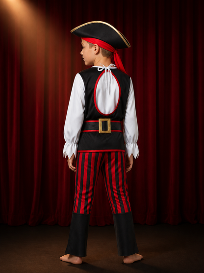 Boys Pirate Costume Set with Skull Hat and Belt - Halloween Cosplay Outfit back view